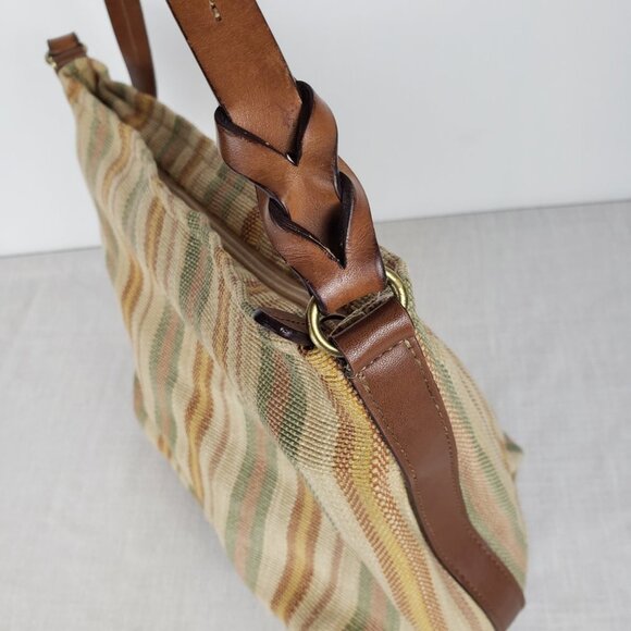 Fossil Hobo Bag Woven Brown Neutral Stripe Canvas Fabric Shoulder Purse - Picture 4 of 11